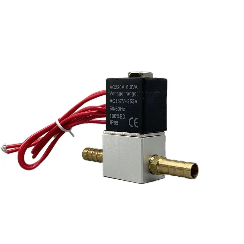 Electric solenoid valve with brass hose barbs and red wires