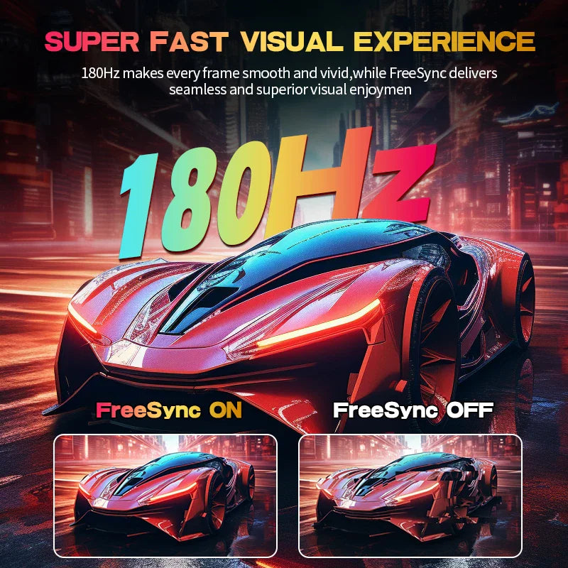Gaming monitor displaying FreeSync benefits with 180Hz smooth frame rate
