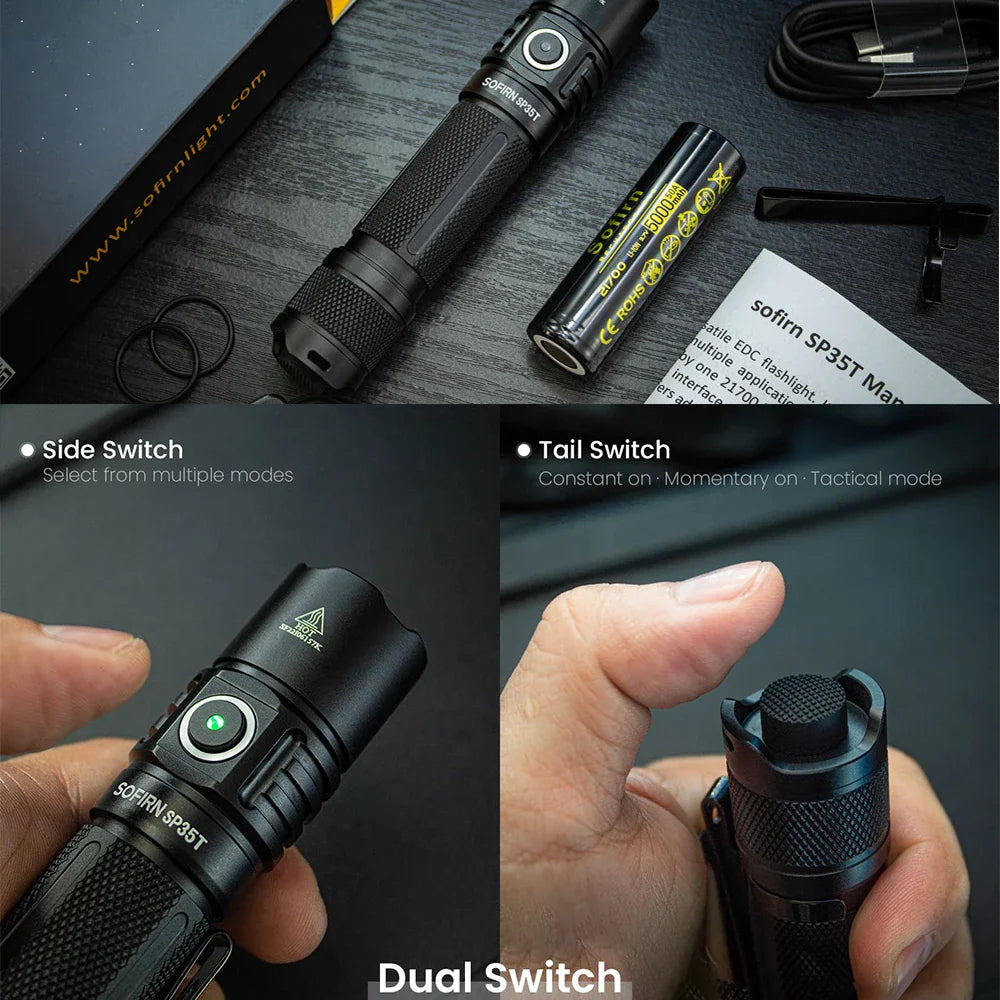 Black LED tactical flashlight with charging cable and battery showing dual switch operation