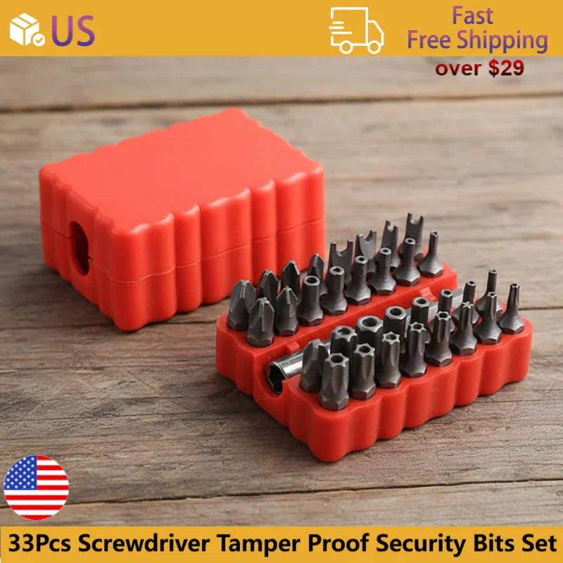 33-piece tamper-proof security screwdriver bit set with red storage case and magnetic extension