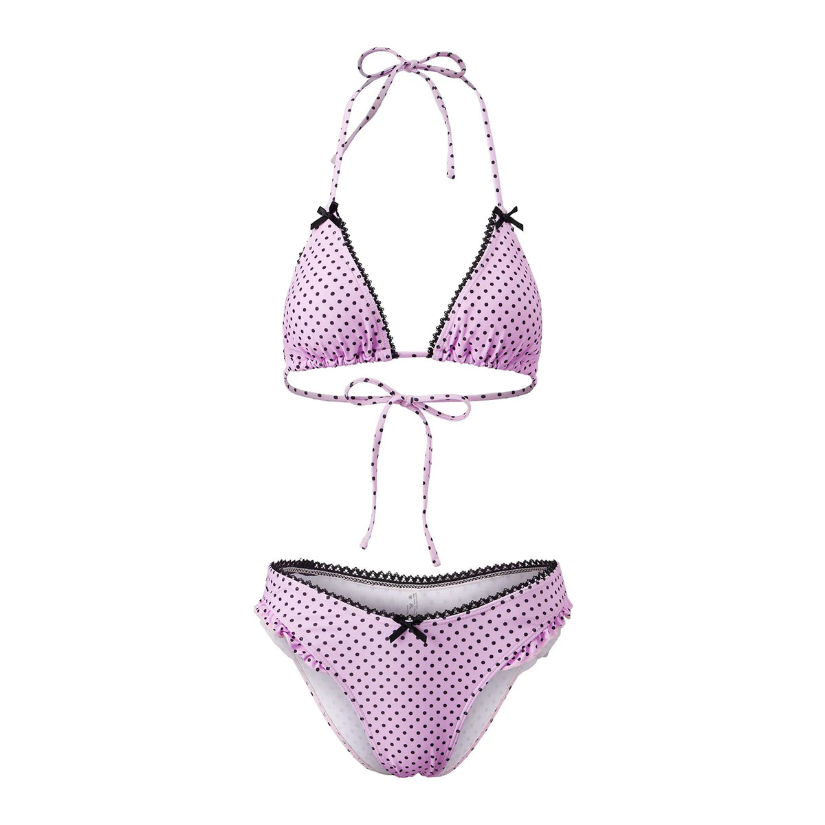 Two-piece bikini set with pink and black polka dot pattern featuring black lace accents and small bows.