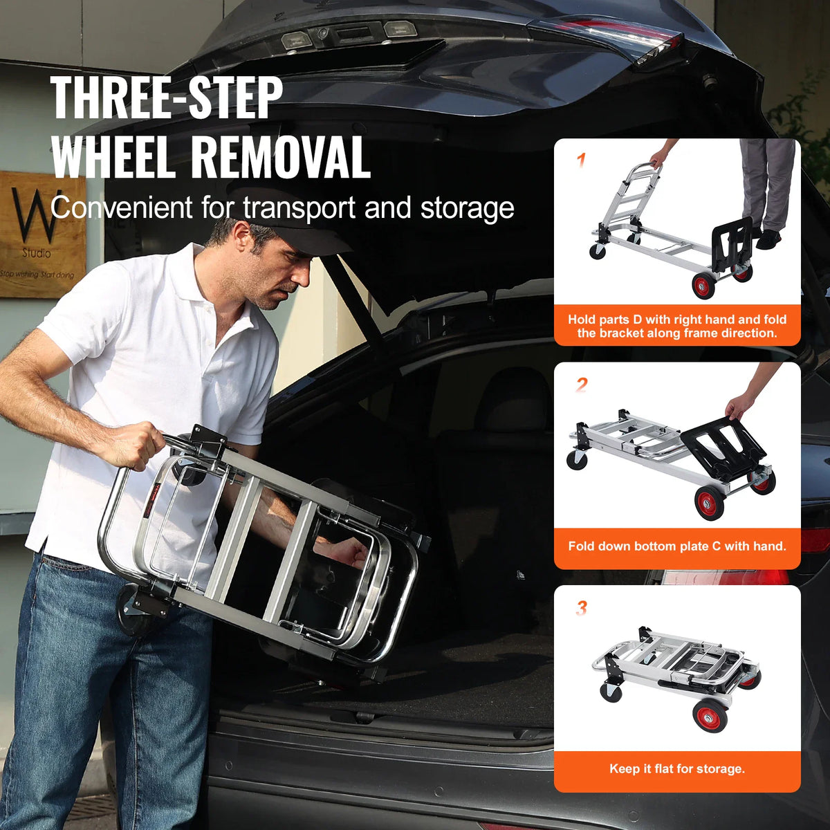 Step-by-step instructions for folding and storing a portable hand truck in a car trunk