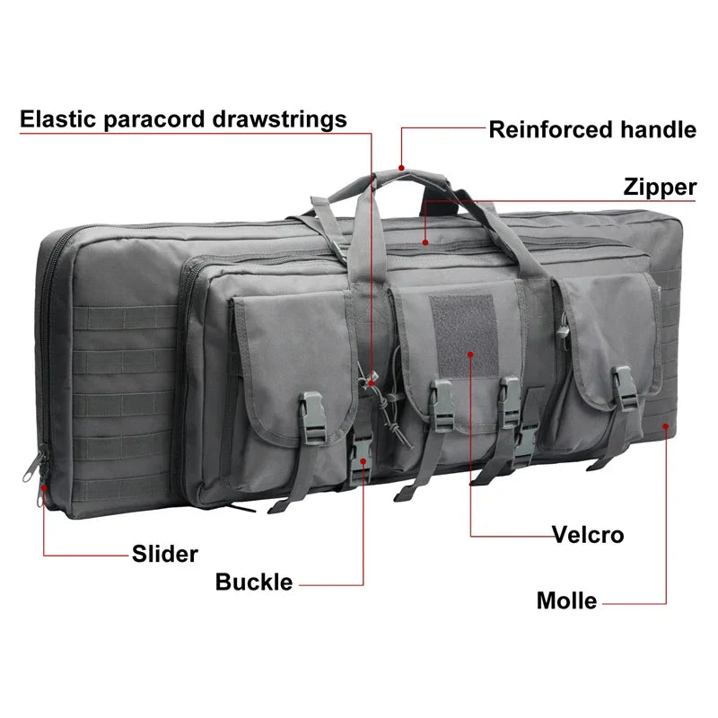 Grey tactical rifle bag with labels pointing to features like handle, zippers, molle, buckles, and velcro