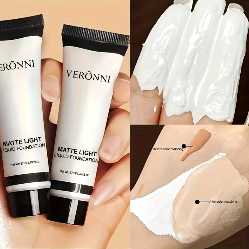White liquid foundation showing hand swatch and color mixing technique on skin.