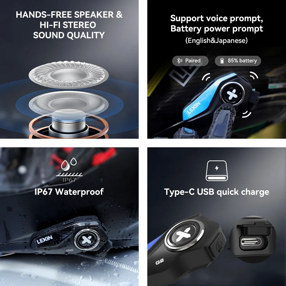 Composite showing speakers, status indicators, waterproof testing, and charging port of a helmet intercom.