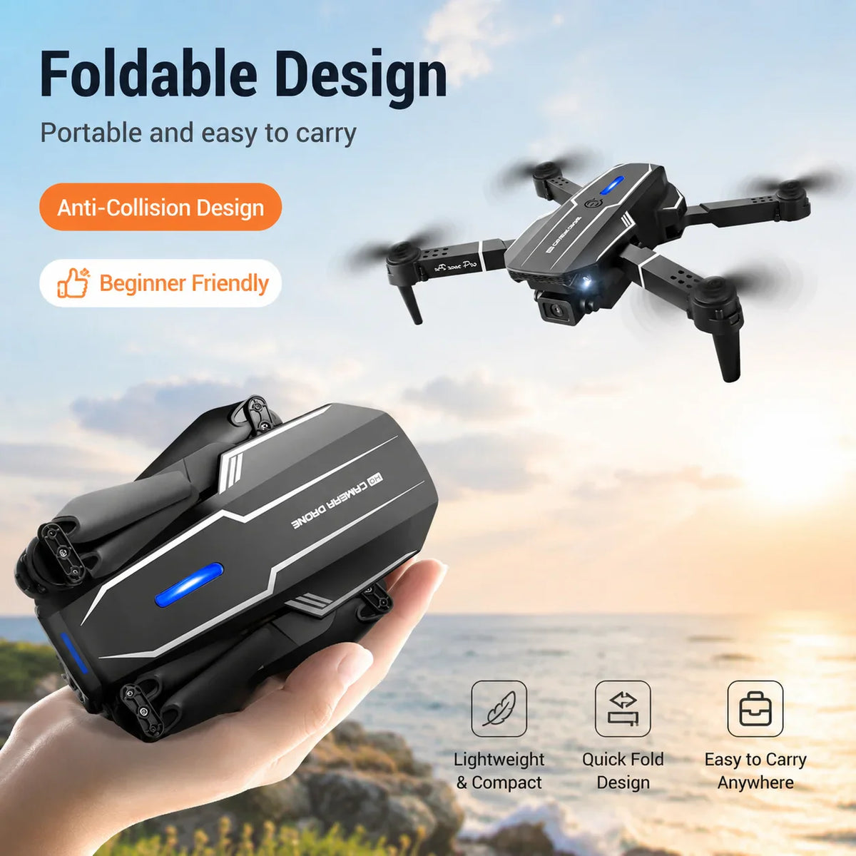 Foldable black camera drone held in hand against a coastal sunset background.
