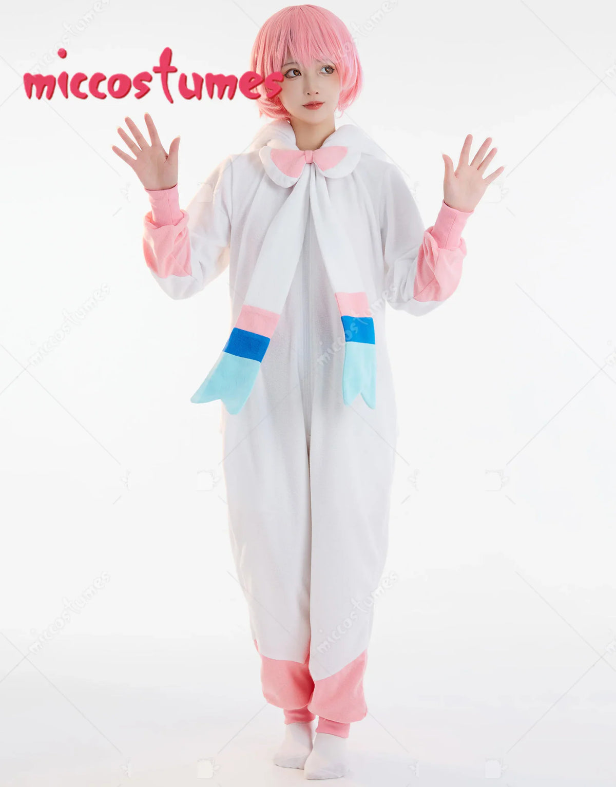 Front view of a white and pink onesie pajama with a pink wig