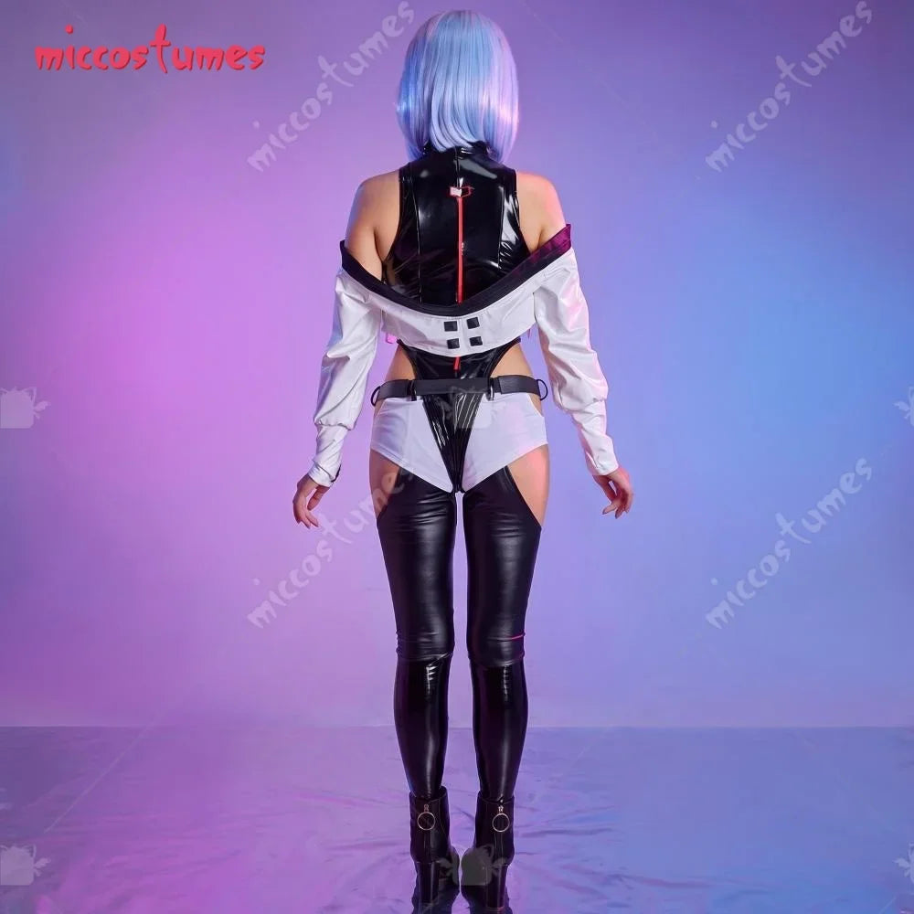 Back view of a woman wearing a cyberpunk-style black and white leotard costume.