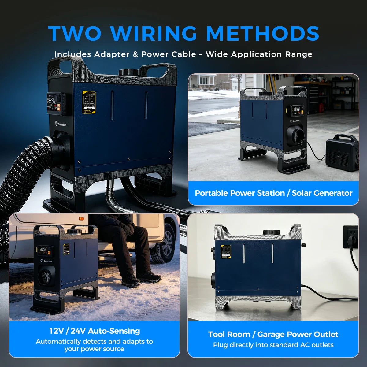 Portable diesel air heater showing dual power source compatibility including AC and DC options.