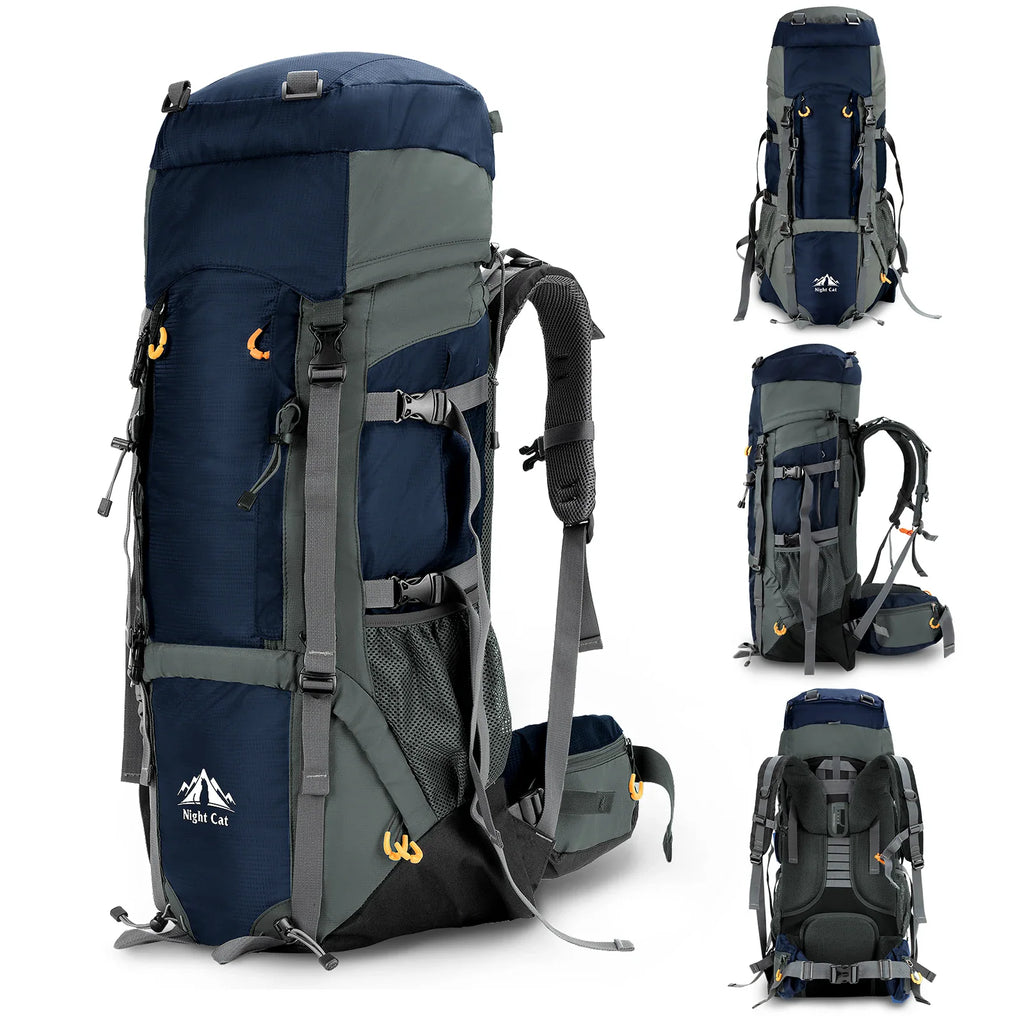 Blue and grey hiking backpack shown from front, side, and rear angles.