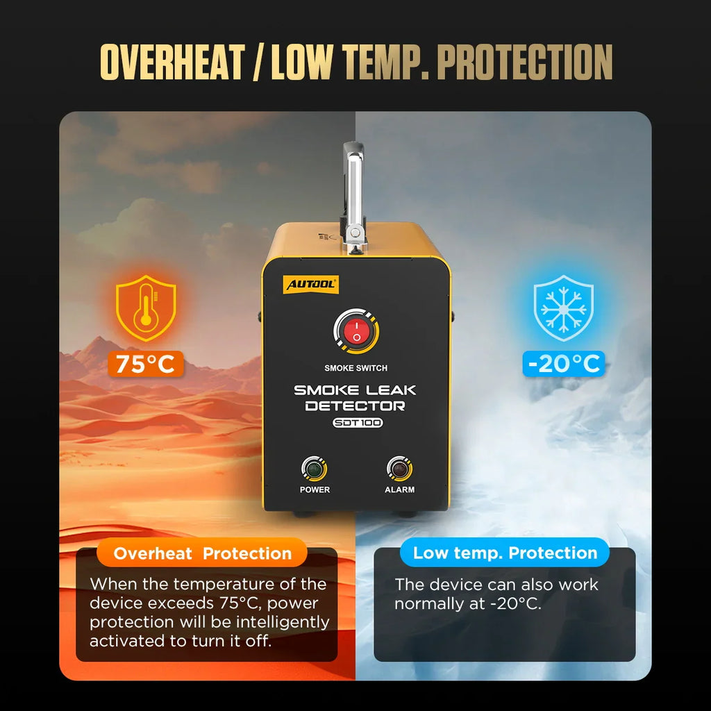 Automotive smoke leak detector showing overheat and low temperature protection features