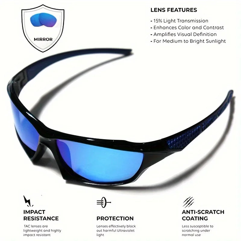 Blue mirrored polarized sports sunglasses with text listing lens features and protective qualities.