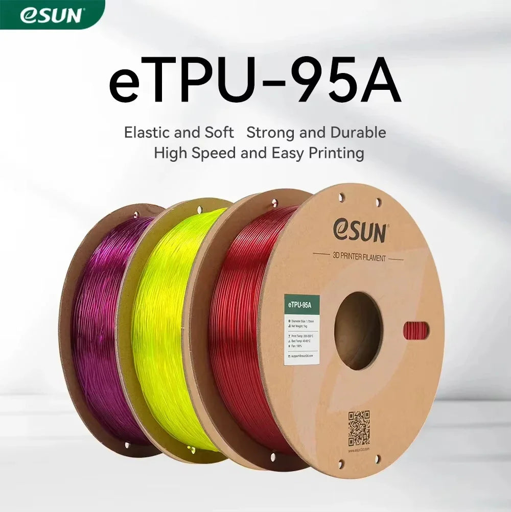 A 1kg spool of eSUN 1.75mm flexible TPU 95A 3D printer filament in coil form.