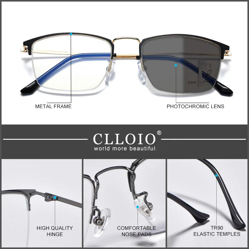 Close-up features of glasses including high-quality hinges, adjustable nose pads, and TR90 elastic temples.