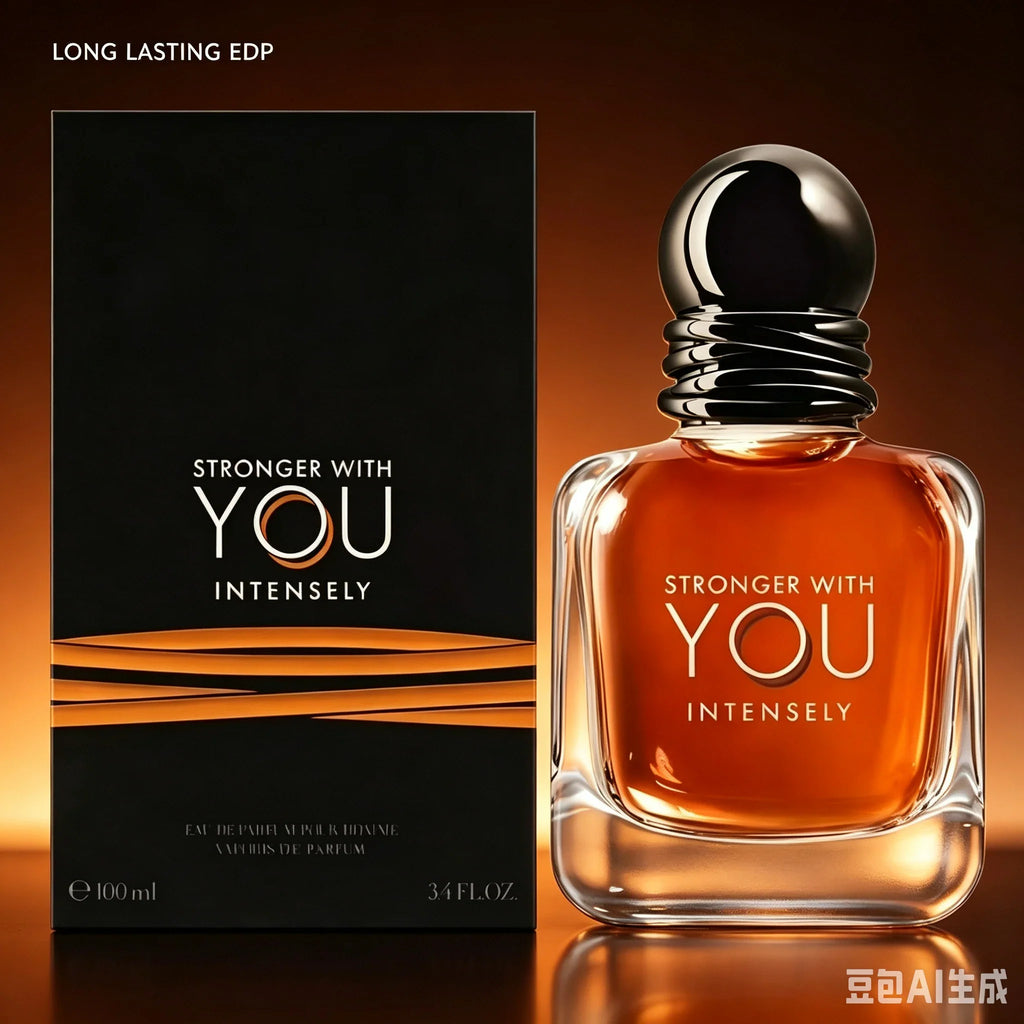 Men's amber perfume bottle with black box packaging, 100ml size, with long-lasting text overlay
