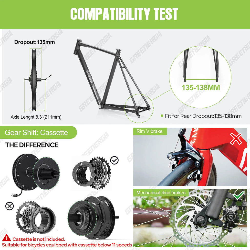 Technical compatibility guide for electric bicycle hub motor conversion kit, showing frame dropout measurements