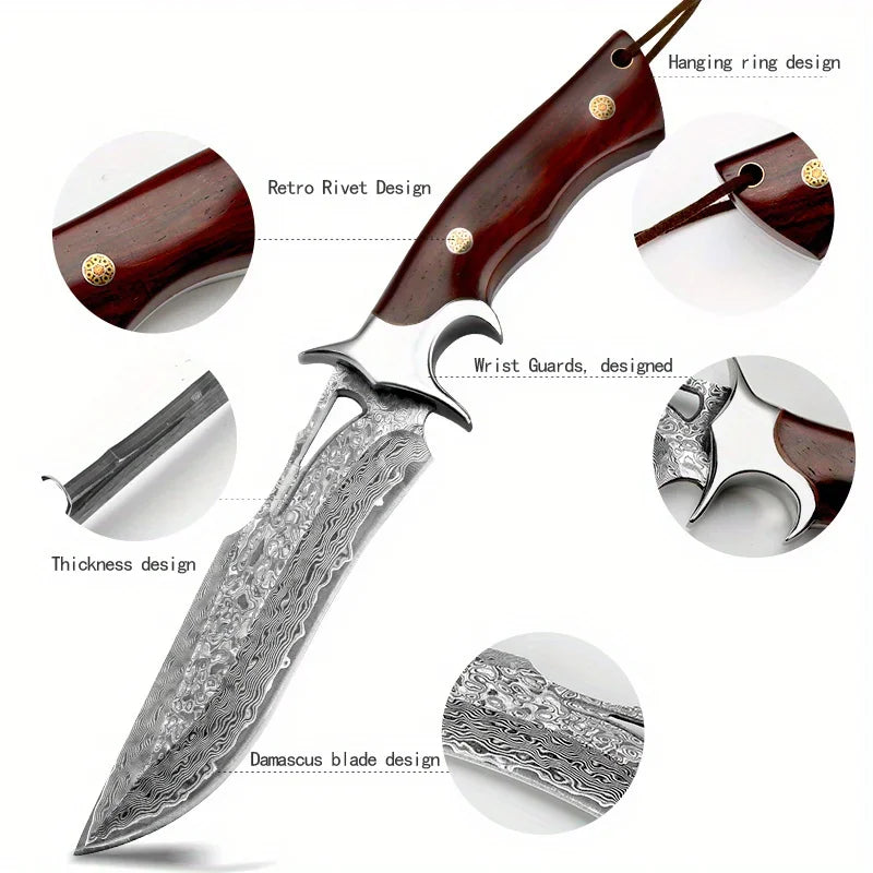 Close up details of Damascus steel knife handle, blade, and sheath
