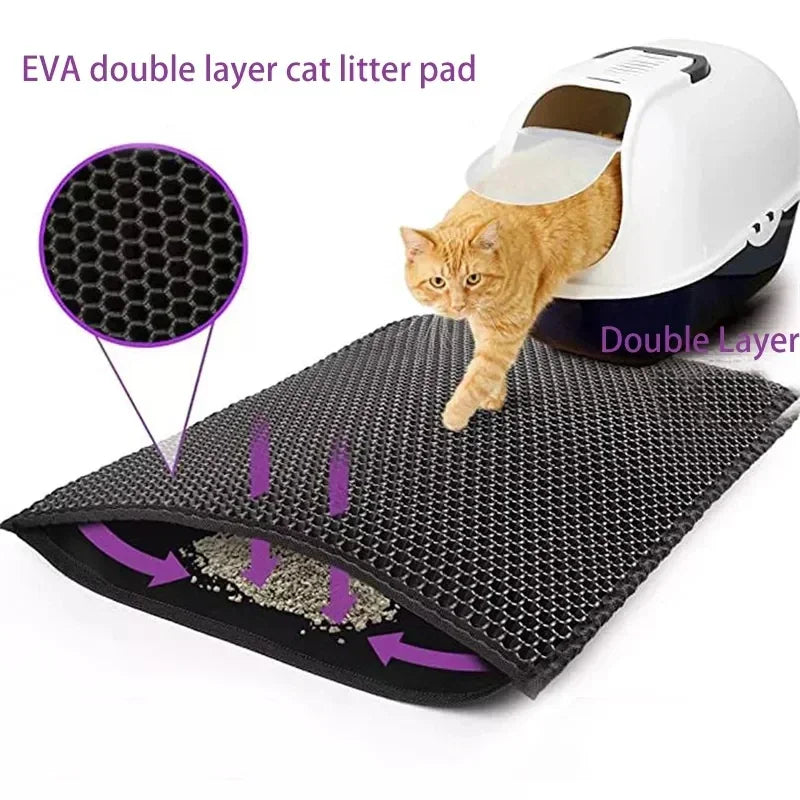A black honeycomb double-layer cat litter mat showing its structure and usage near a litter box with a cat.