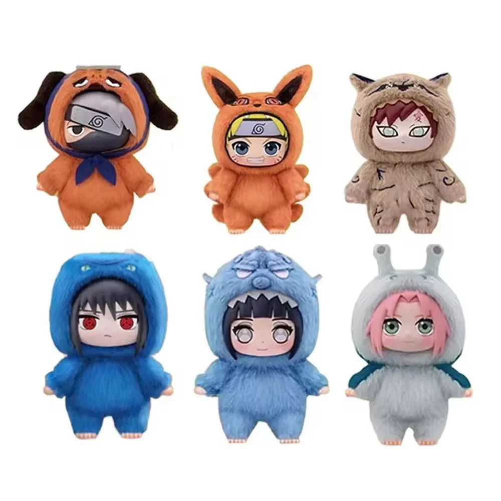 Set of six distinct plush toys featuring anime characters in mascot hoodies