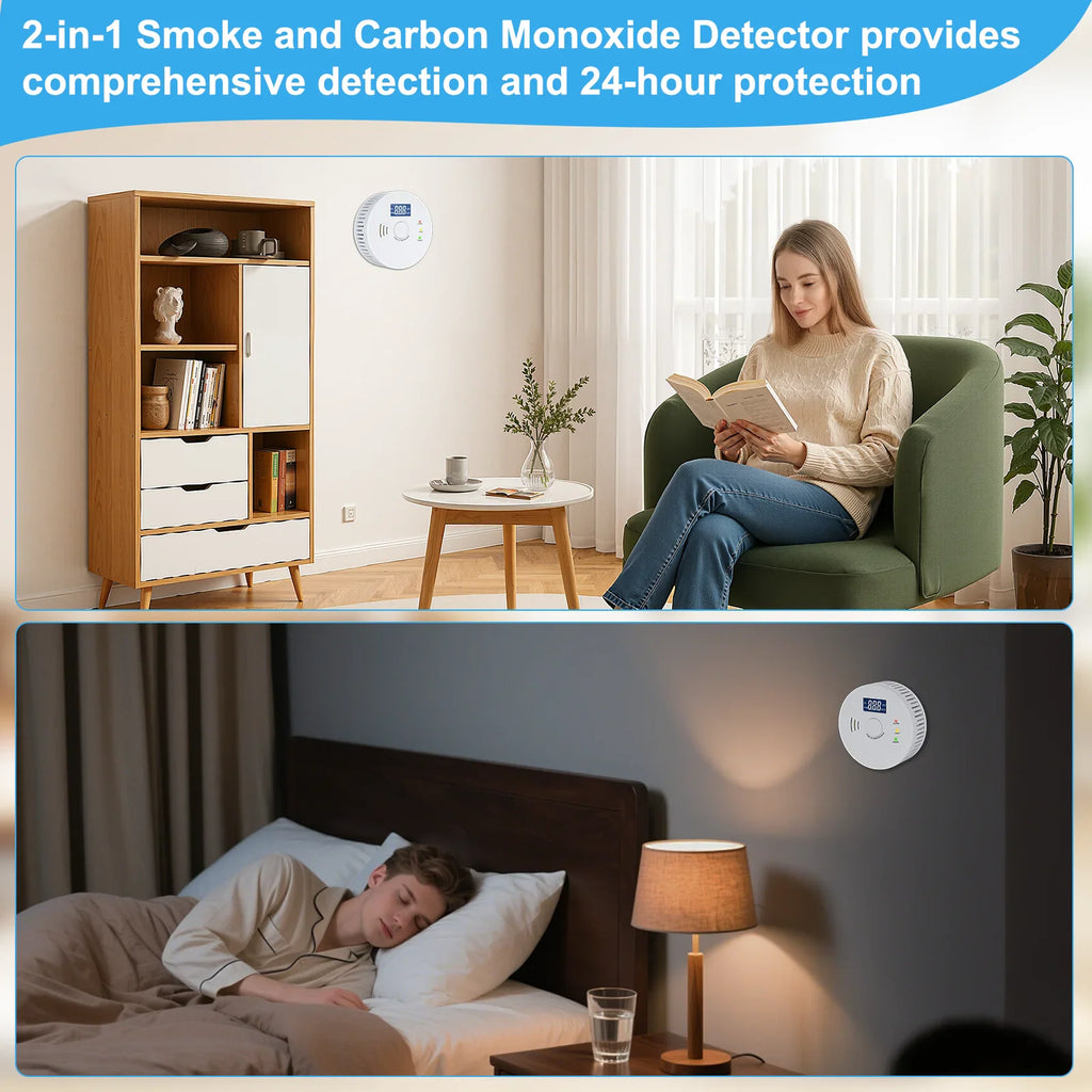 Lifestyle images showing a white smoke and carbon monoxide detector in a living room and bedroom