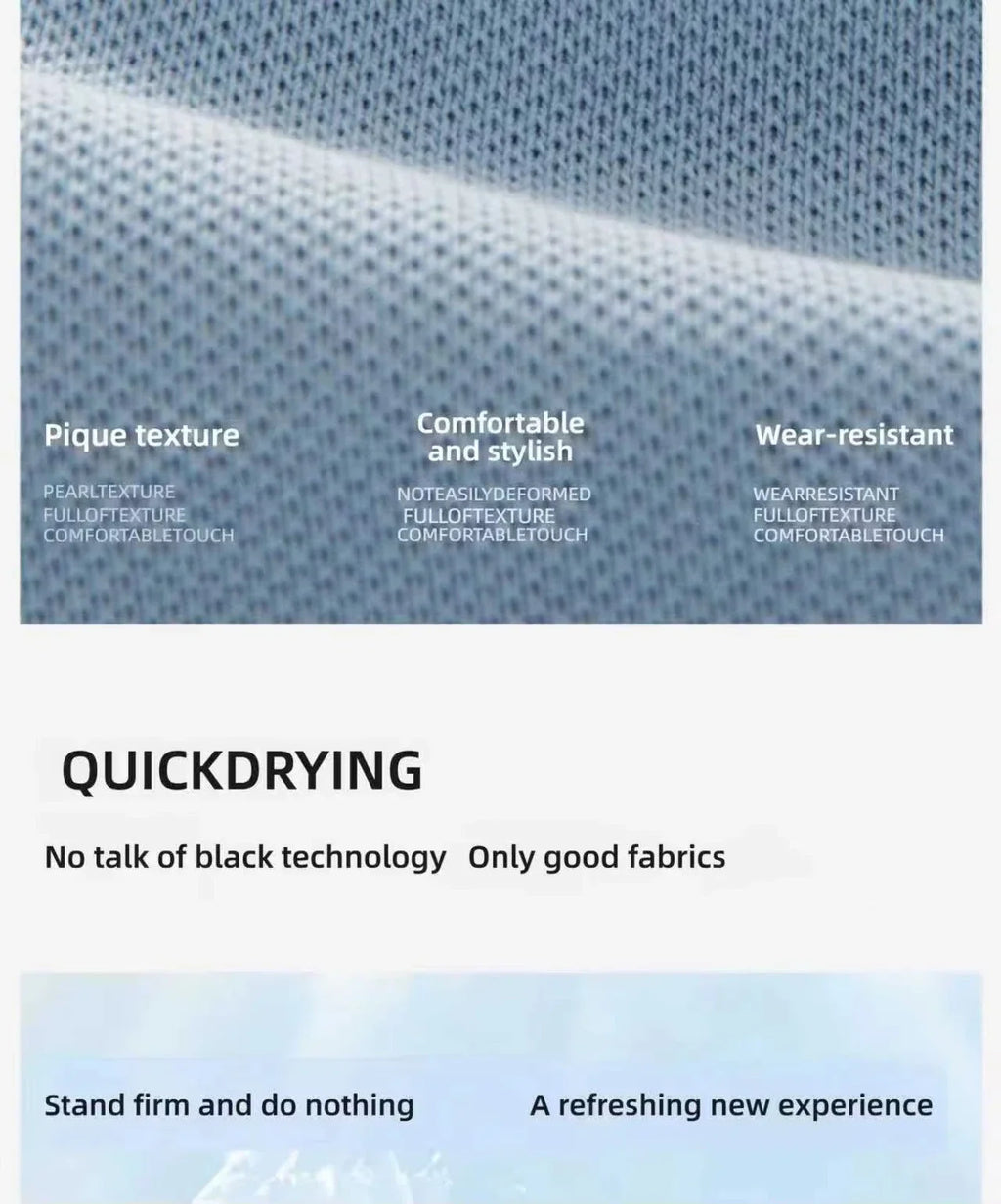 Close up view of pique fabric texture with text labels describing quality and durability.