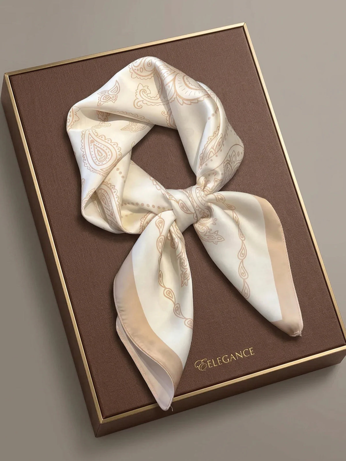 White silk square scarf with beige paisley pattern and beige border
