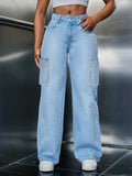 Light blue plus size straight leg jeans with functional pockets