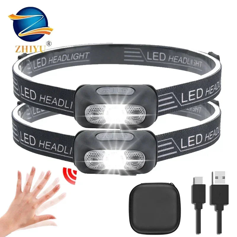 Two black LED rechargeable headlamps with USB cable and case