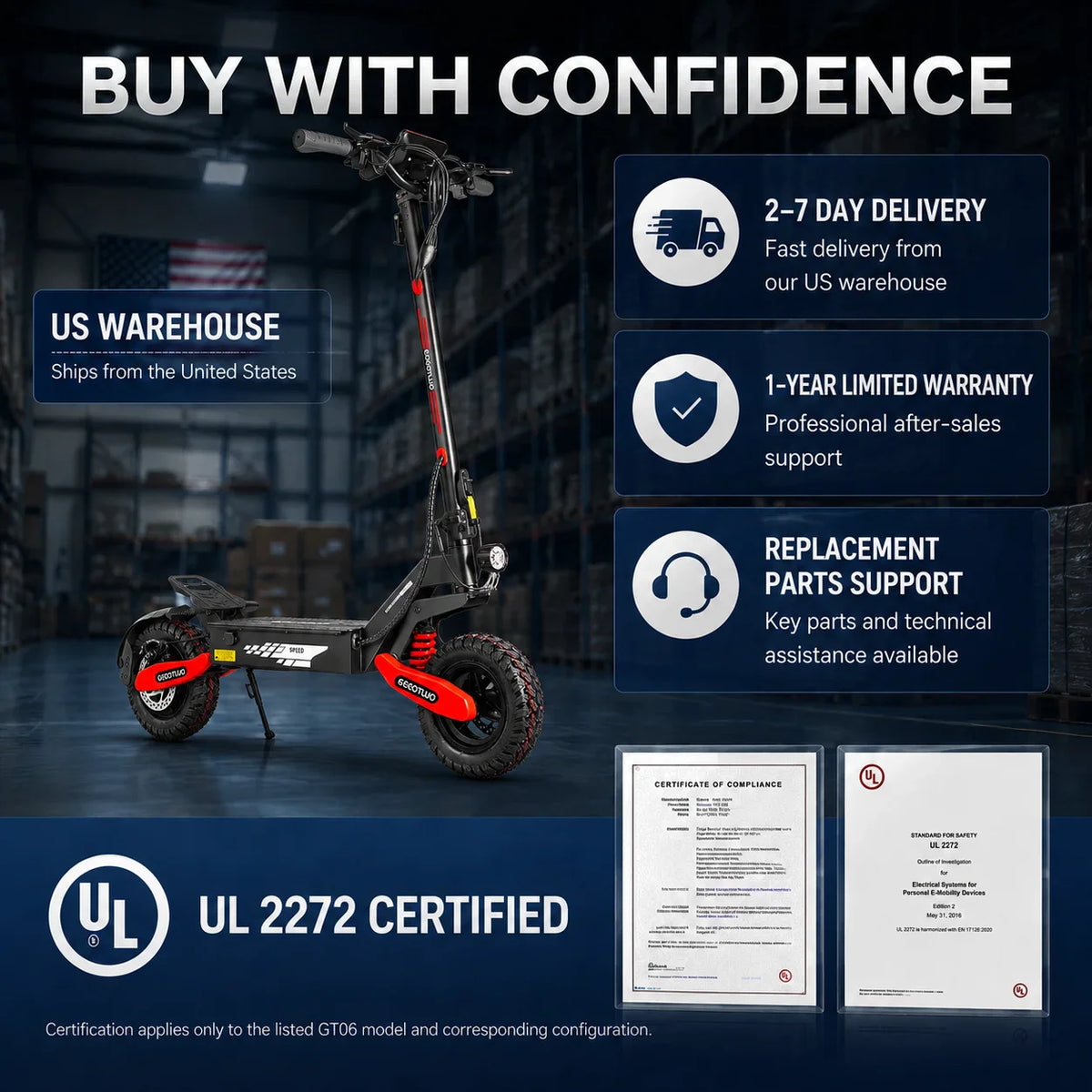 Electric scooter showing warranty, shipping, and safety certification