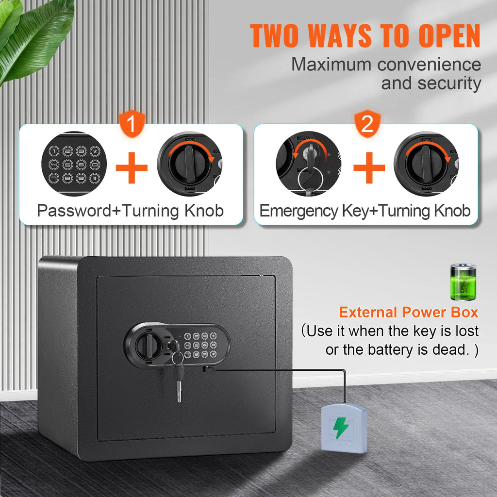 Black electronic home safe showing two methods to open the door, with digital keypad and override key.
