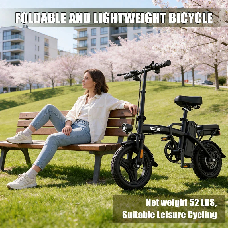 Woman sitting on a park bench next to a black electric folding bike
