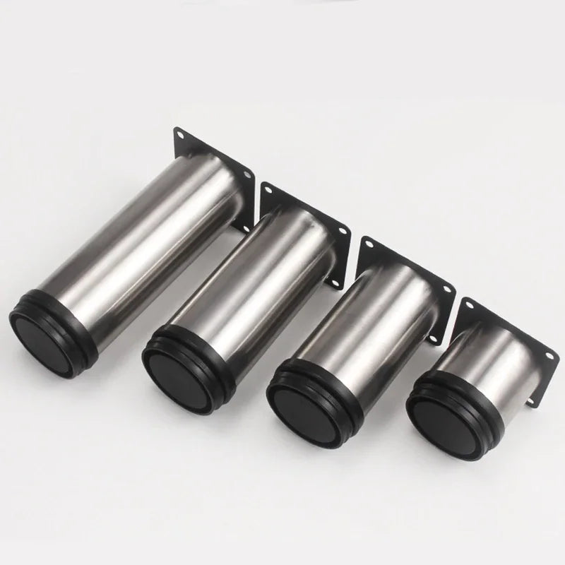 Four cylindrical stainless steel furniture legs with black mounting plates and adjustable feet bases
