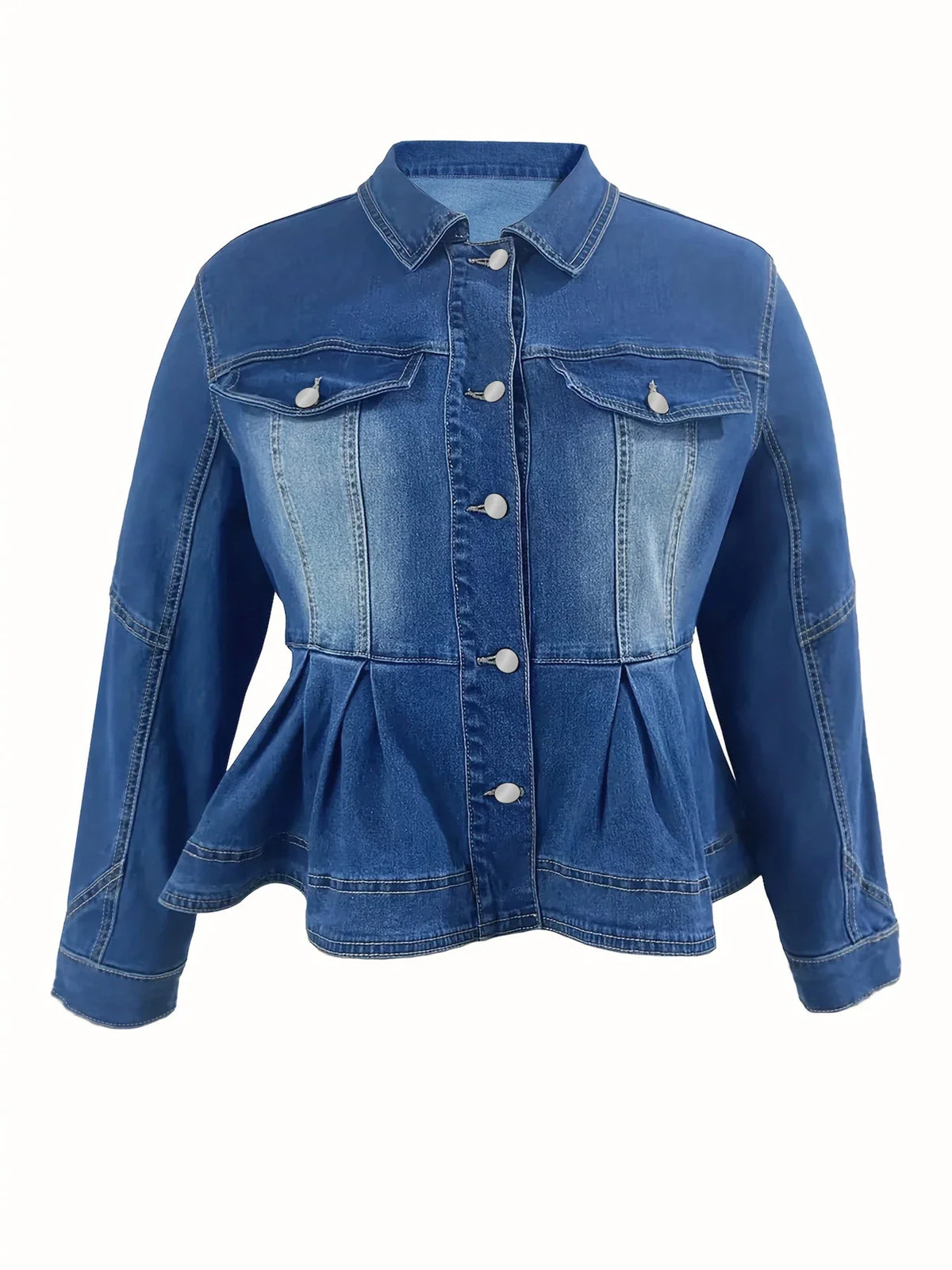 Front view of a blue peplum denim jacket with a button-front closure.