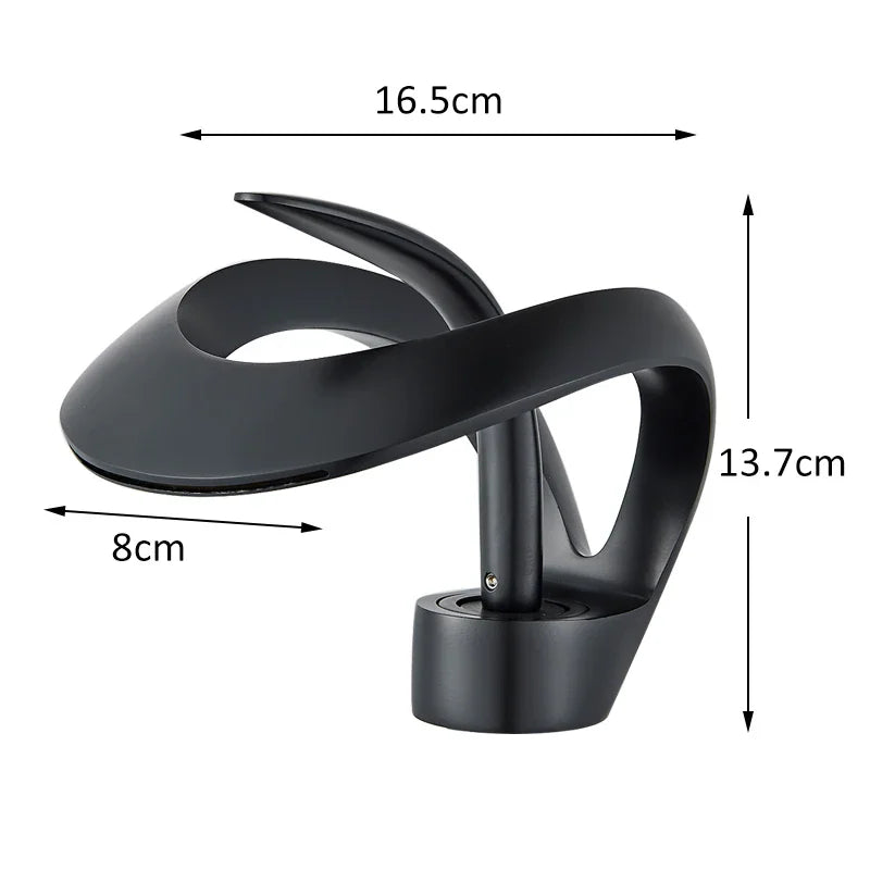 Matte black waterfall basin faucet with dimension labels