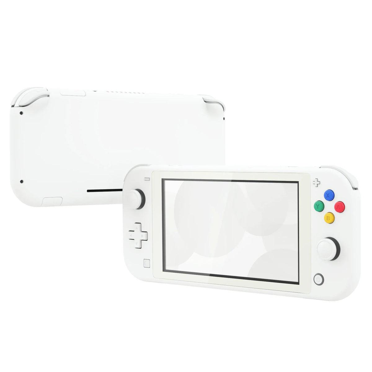 Front and back view of a white replacement housing shell for handheld game console