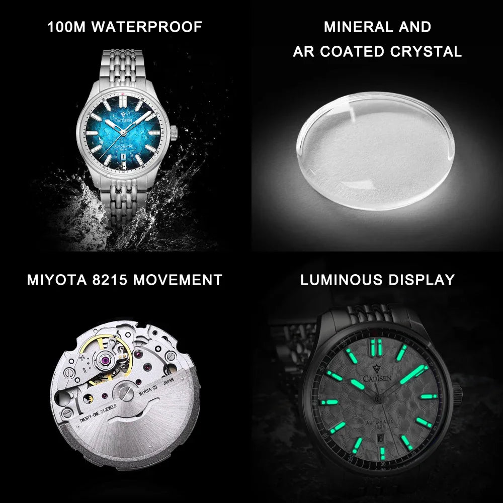 Collage of technical features for an automatic watch including waterproof, crystal, movement, and luminous display.