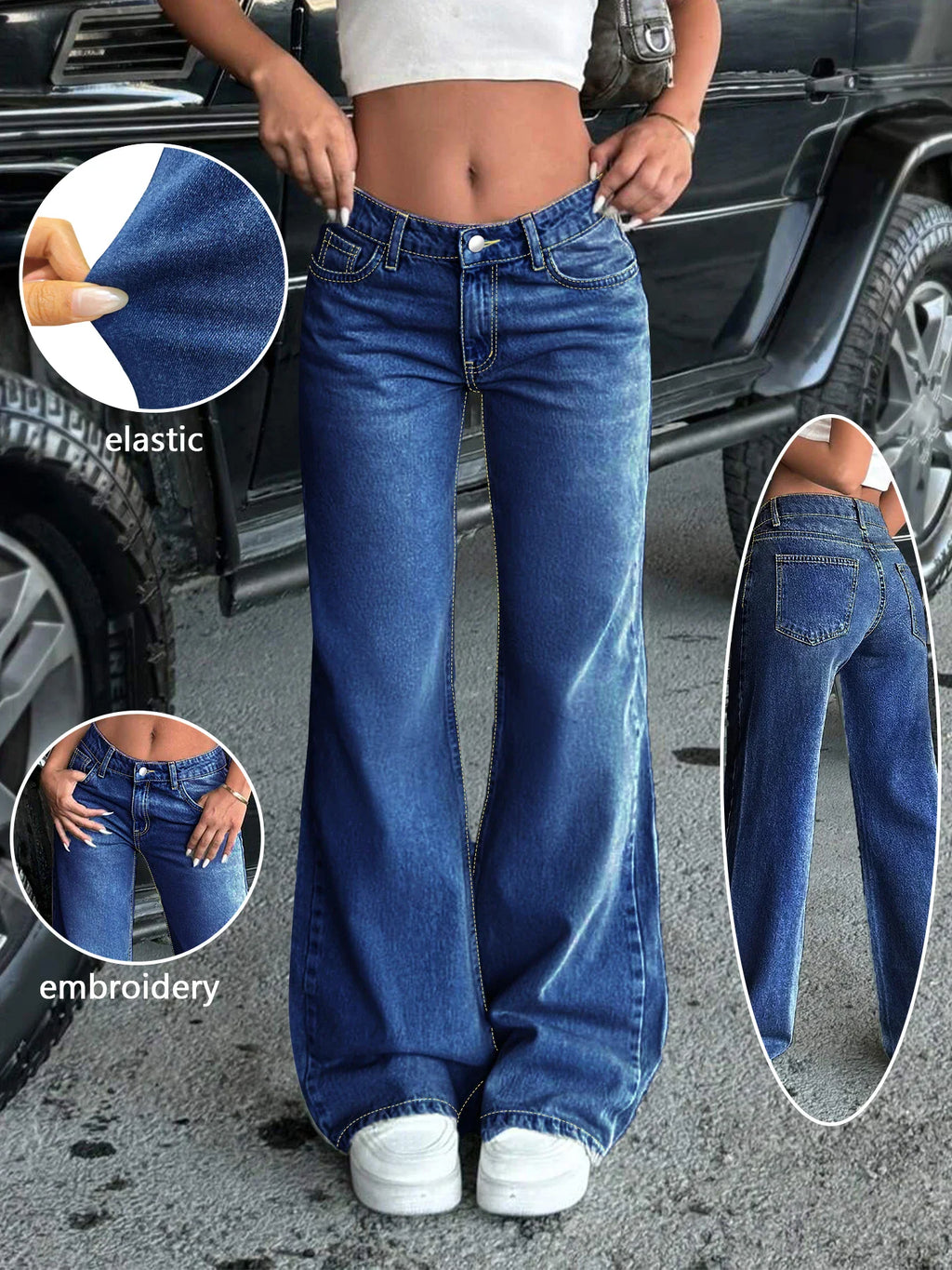 Blue high-waisted wide-leg jeans with circular detail inserts