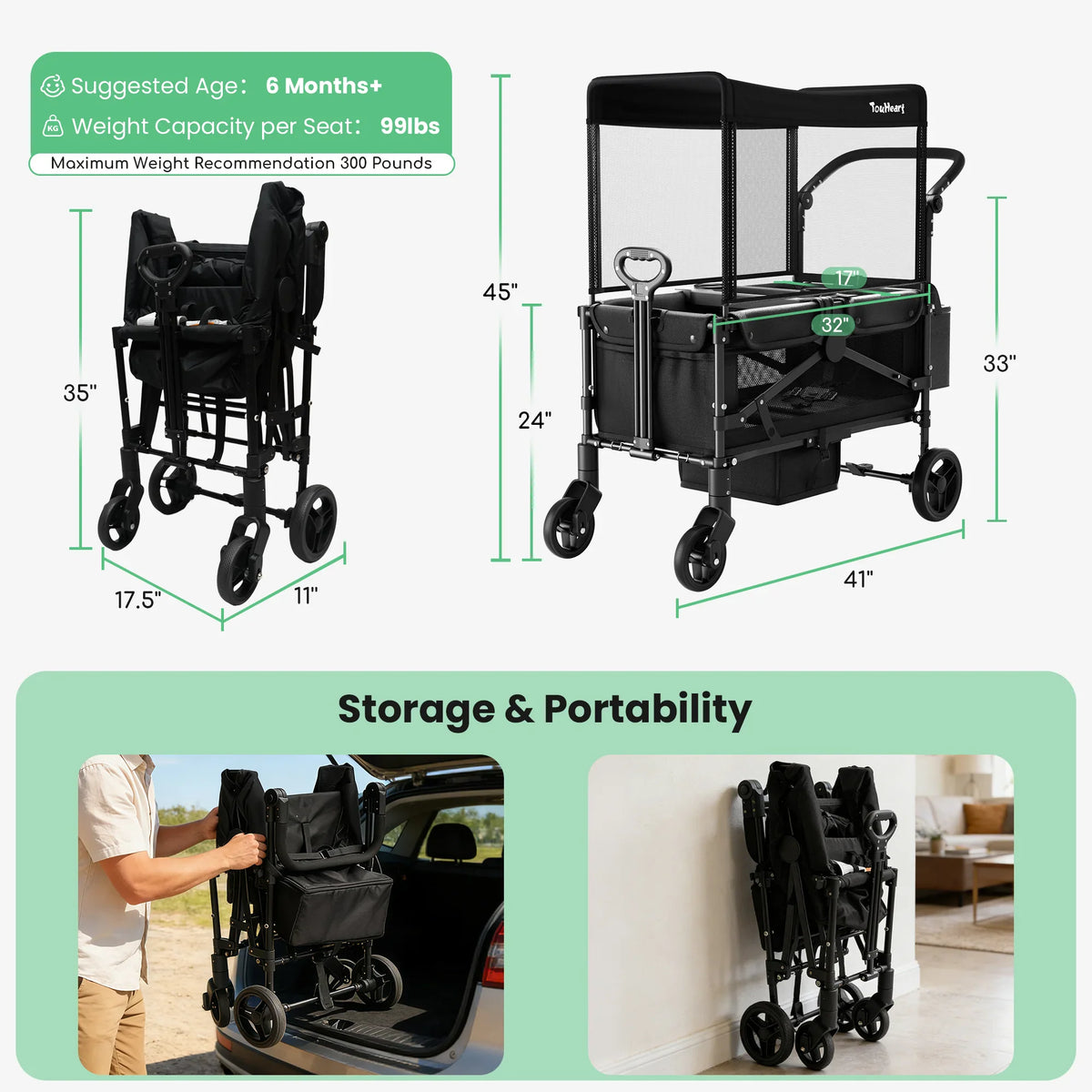 Dimensions and portability demonstration of a foldable stroller wagon for kids