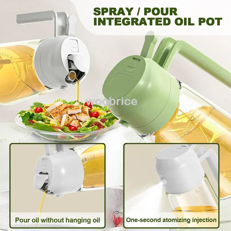 Glass oil dispenser and sprayer showing pour and spray functions for salad
