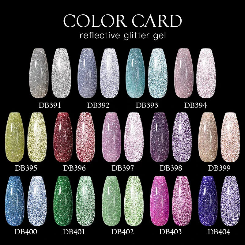 A color chart of reflective glitter gel nail polish showing 24 different color shades.