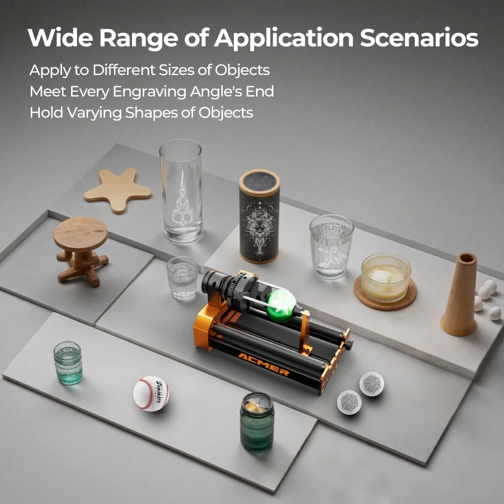 Rotary engraving module shown with various cylindrical items for versatile crafting applications.