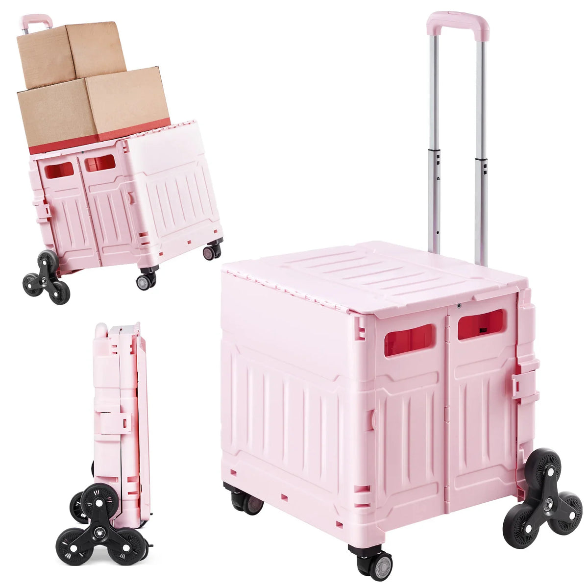 Pink folding utility cart with wheels and telescoping handle