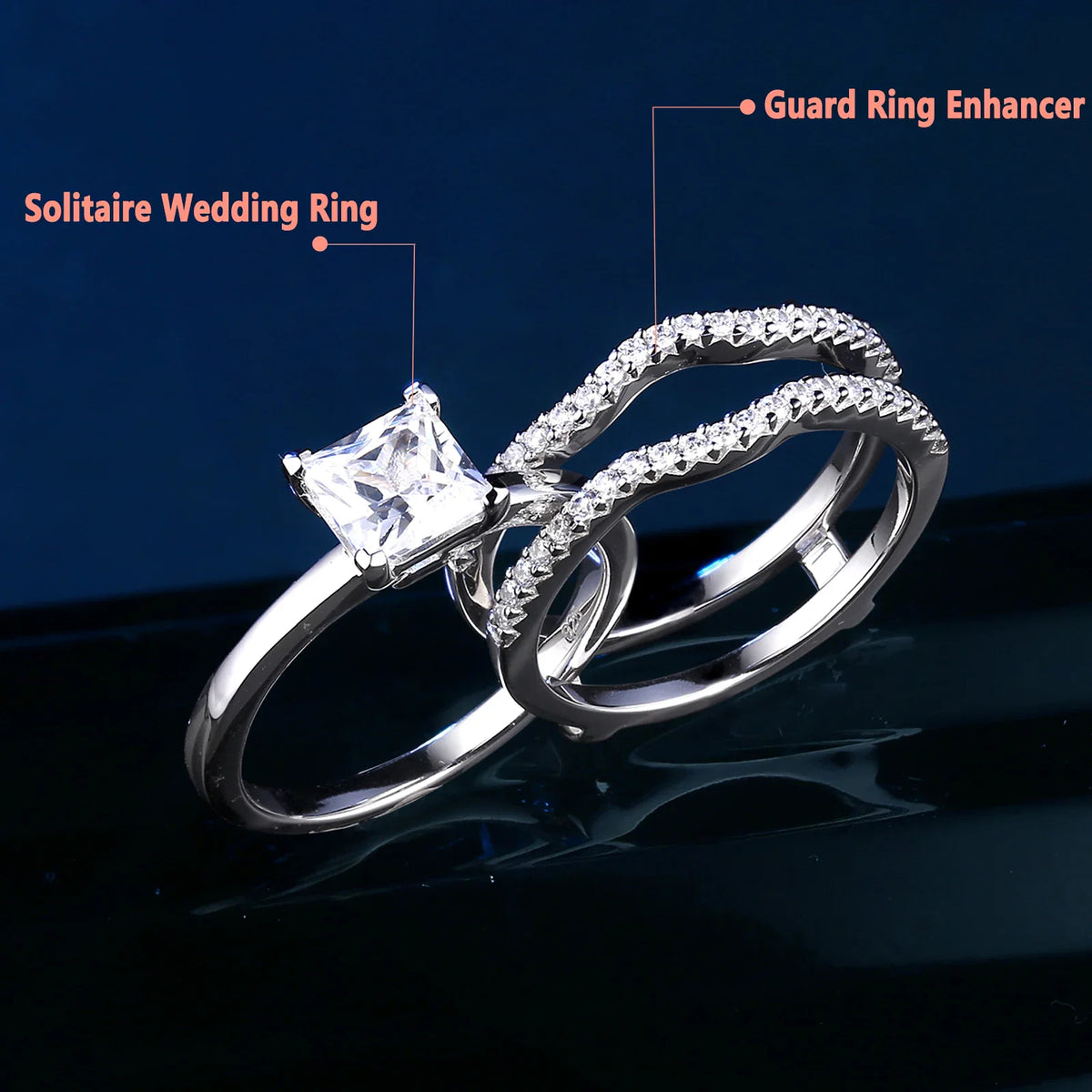Princess cut engagement ring and matching guard enhancer band on a dark background.