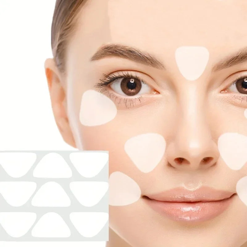 A close up of a face showing application of transparent triangular anti-wrinkle patches on forehead and smile lines.
