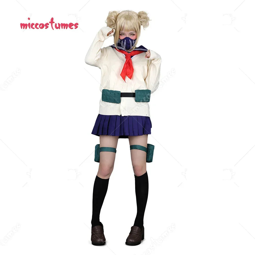 Woman wearing an anime cosplay costume with a cardigan, pleated skirt, red neckerchief, and teeth mask