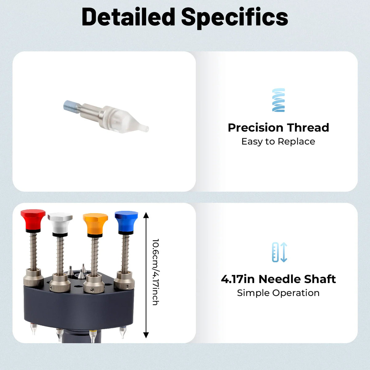 Detailed specifications of a watch hand installation tool including thread type and needle shaft length.