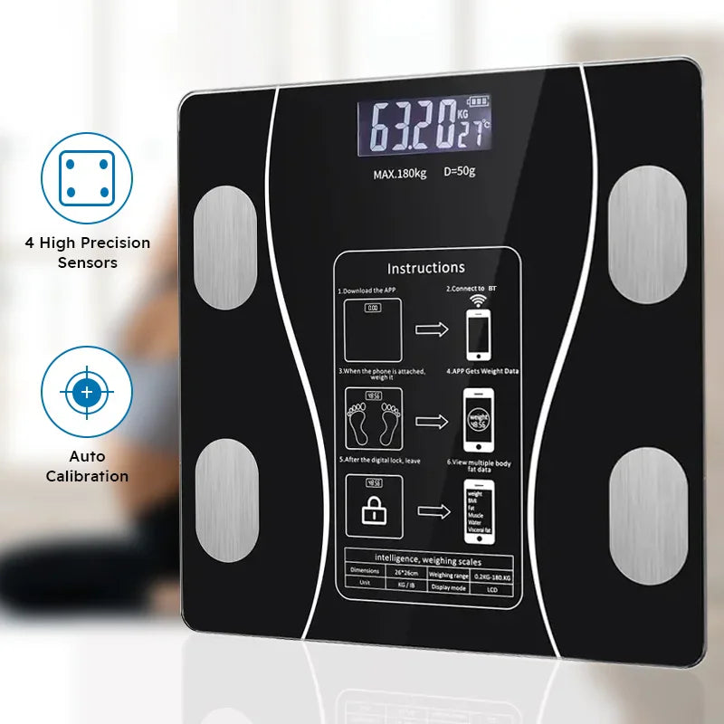 Smart body fat bathroom scale with digital display showing instruction guide and sensor icons