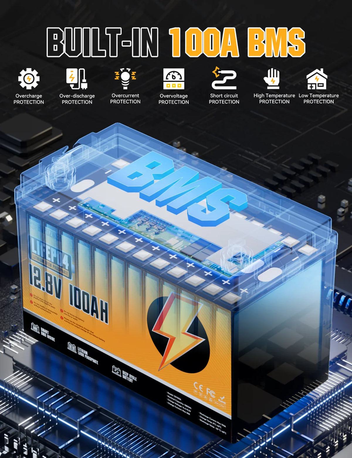 Lithium iron phosphate battery showing internal 100A BMS protection features