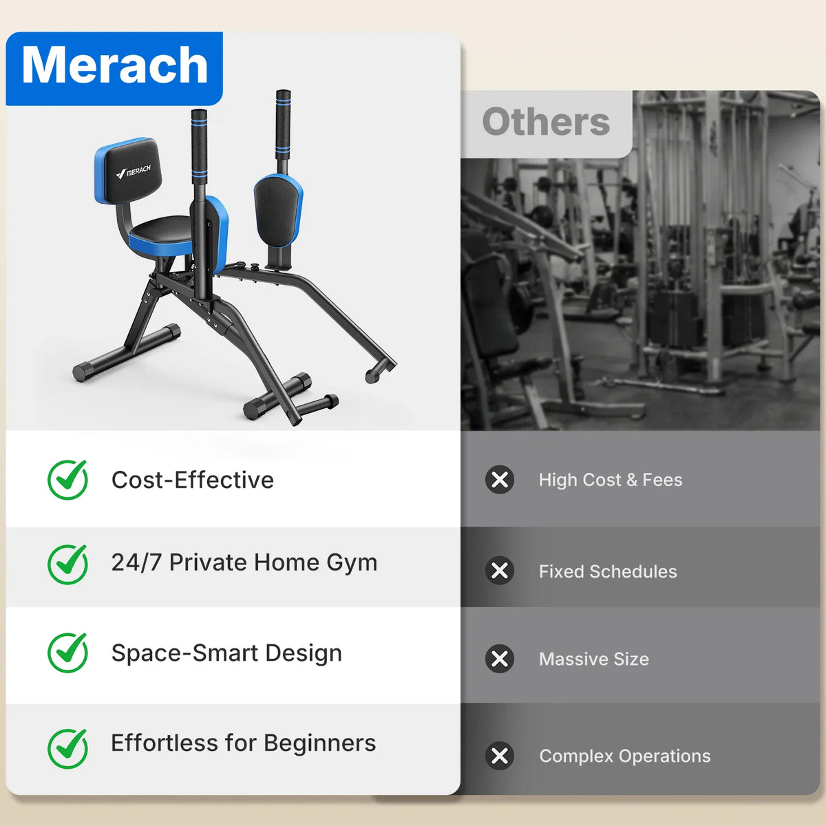 Comparison table between home gym exercise machine and commercial gym equipment.