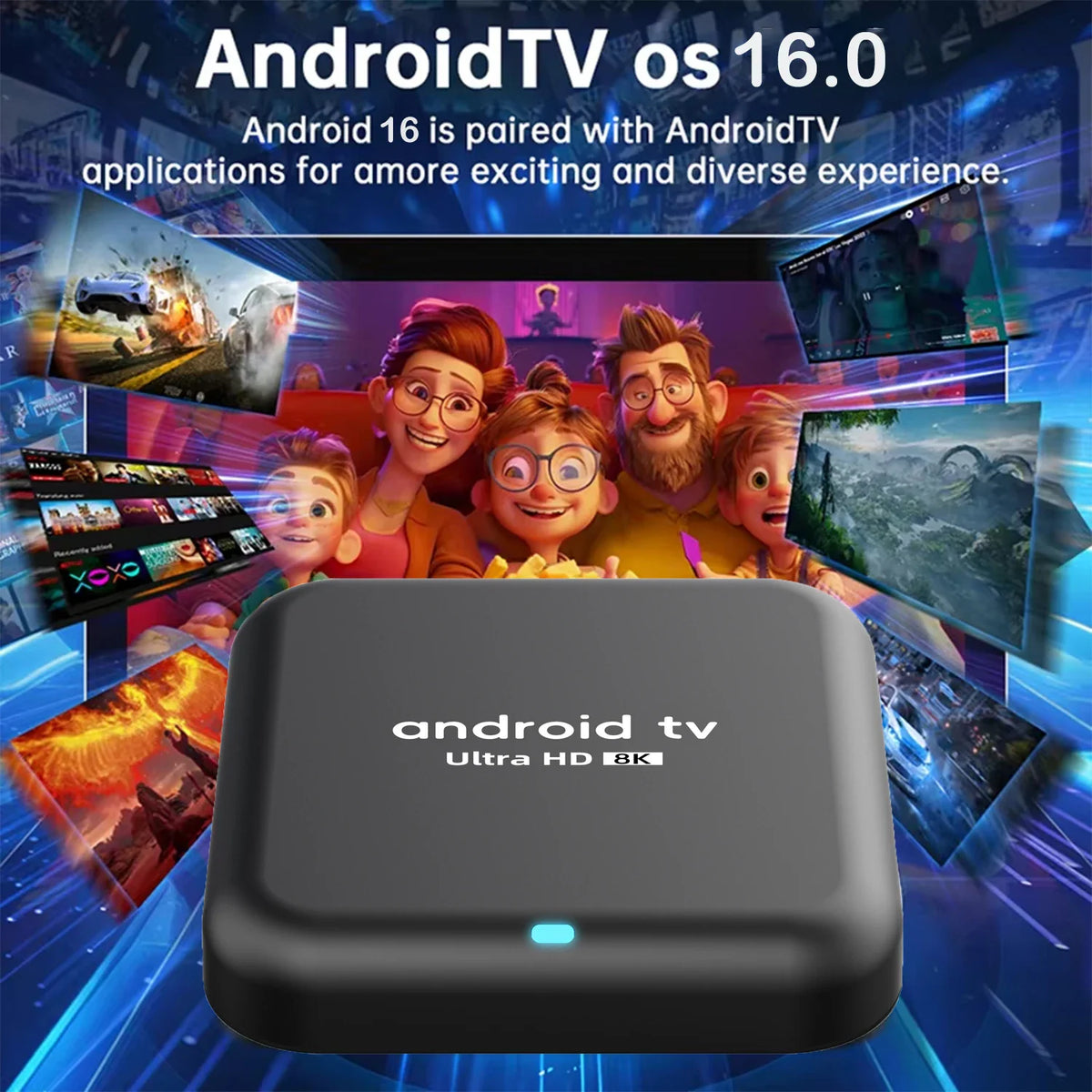 Smart Android TV box with family movie background